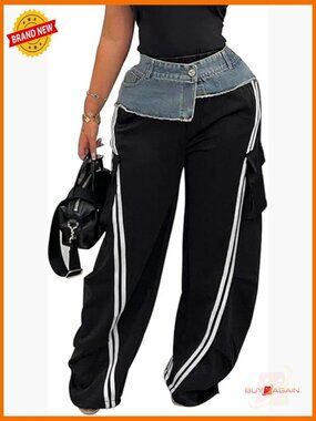 High Waist Wide Leg Sweatpants Patchwork Denim Y2K Baggy Pants